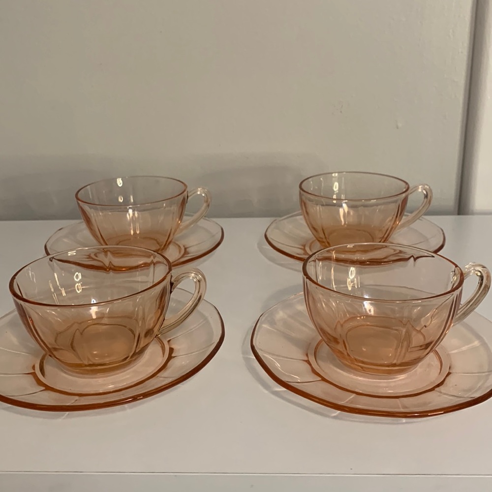Vintage pink glass set of four tea cups